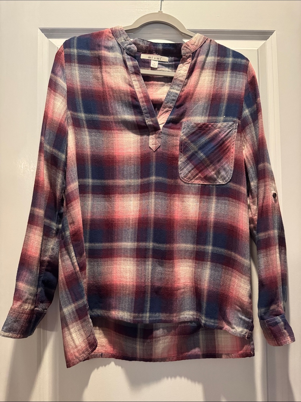miami Pink & Blue Plaid Button-Style Tunic Shirt